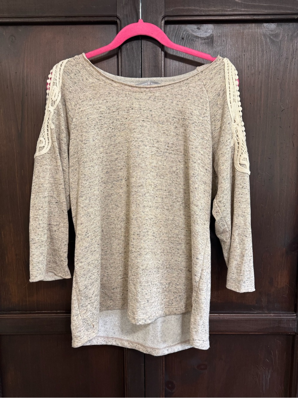 Harmony & Balance Beige Knit Top with Crochet Shoulder Detail Cold Shoulder Boho